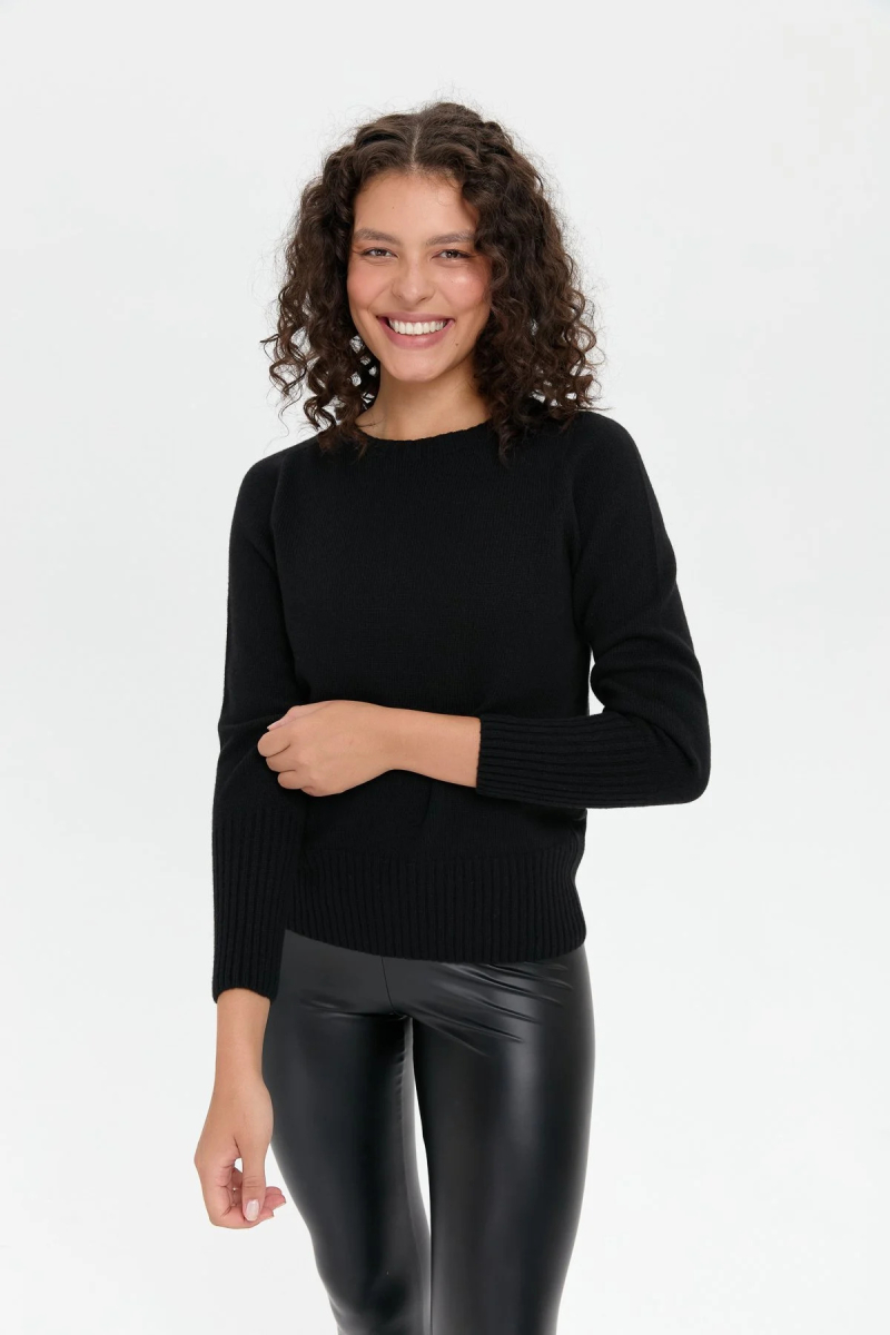 Desen Triko Kadın Sıfır Yaka Dikişsiz Eteği ve Kolu Uzun Lastik Yün Kazak 24210 Siyah Siyah