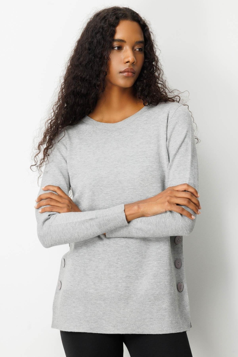 Desen Triko Kadın Sıfır Yaka Dikişsiz Yanları Düğmeli Simli Bluz 23390 Gri Gri