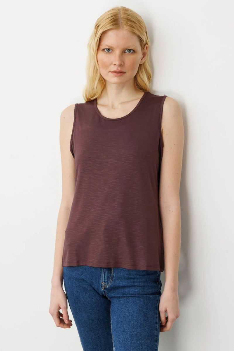 Desen Triko Kadın Sıfır Yaka Flamlı Kumaş Basic Askılı T-Shirt 24086 Kahverengi Kahverengi