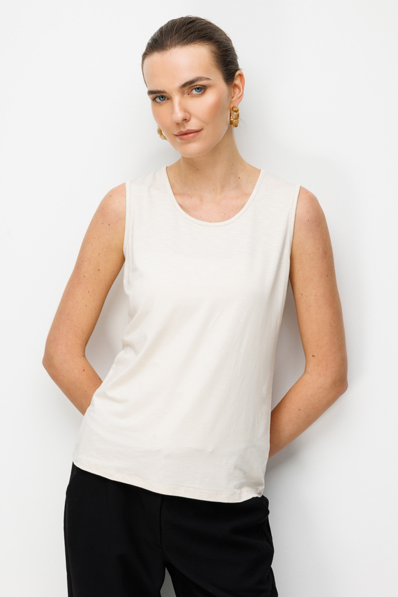 Desen Triko Kadın Sıfır Yaka Flamlı Kumaş Basic Askılı T-Shirt KMY24086 Bej Bej