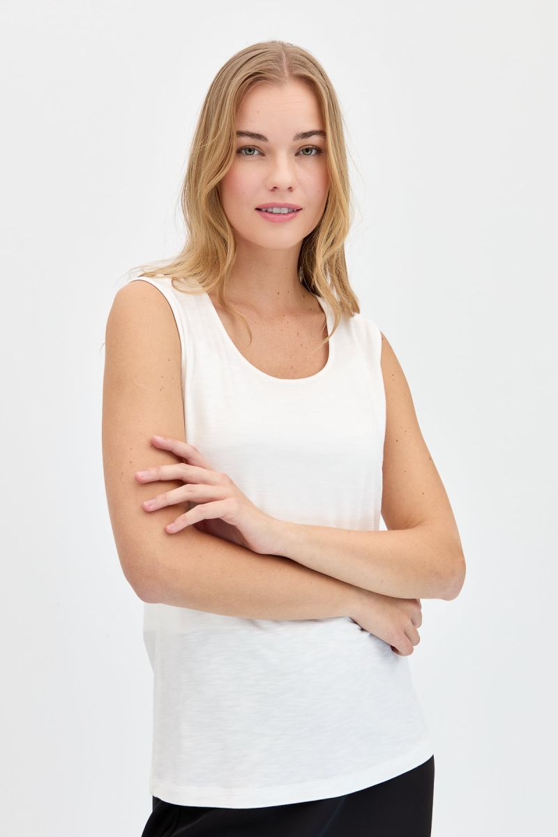 Desen Triko Kadın Sıfır Yaka Flamlı Kumaş Basic Askılı T-Shirt KMY24086 Ekru Ekru