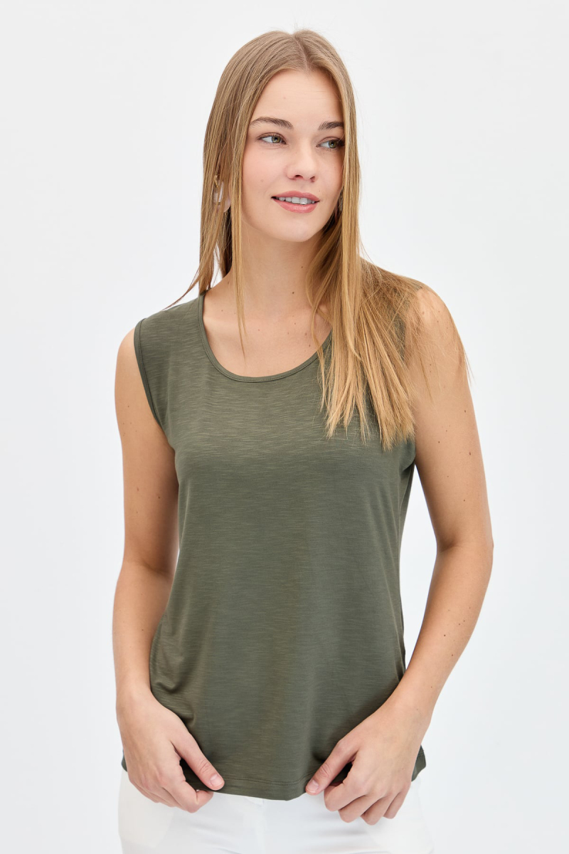 Desen Triko Kadın Sıfır Yaka Flamlı Kumaş Basic Askılı T-Shirt KMY24086 Haki Haki