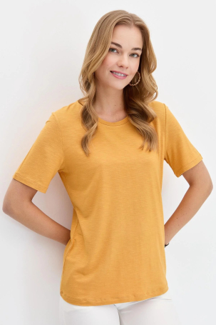 Desen Triko Kadın Sıfır Yaka Flamlı Kumaş Penye T-Shirt KMY24084 Hardal Hardal