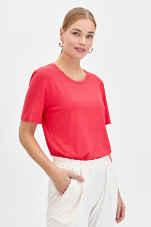 Desen Triko Kadın Sıfır Yaka Flamlı Kumaş Penye T-Shirt KMY24084 Mercan Mercan