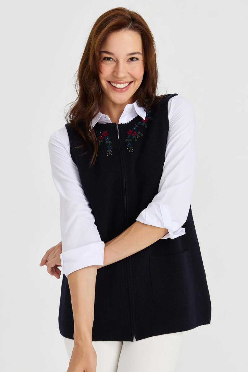 Desen Triko Kadın Sıfır Yaka Kenarı Dantel İşlemeli Yün Yelek 23000 Lacivert Lacivert