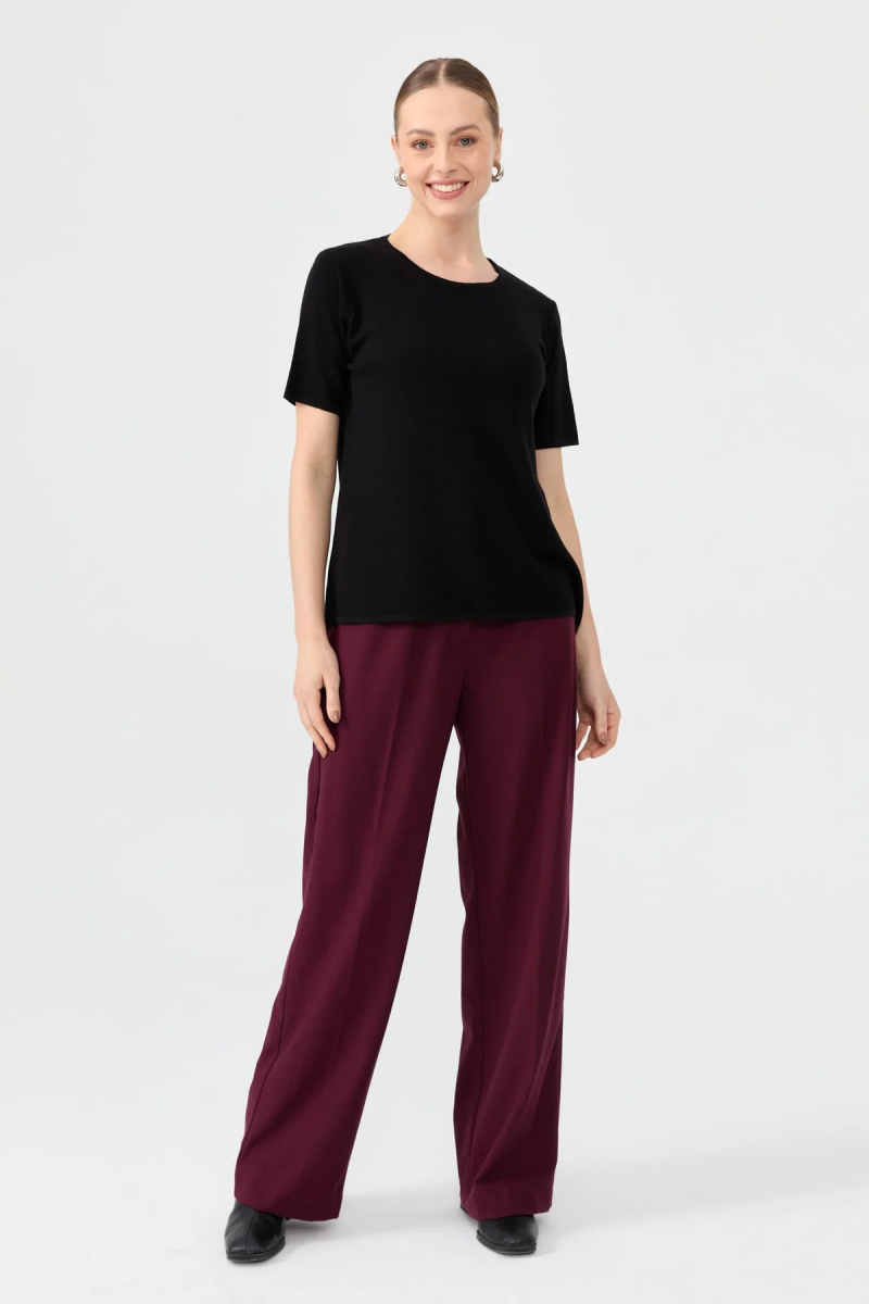 Desen Triko Kadın Sıfır Yaka Kısa Kollu Basic Yün Bluz 24112 Siyah Siyah