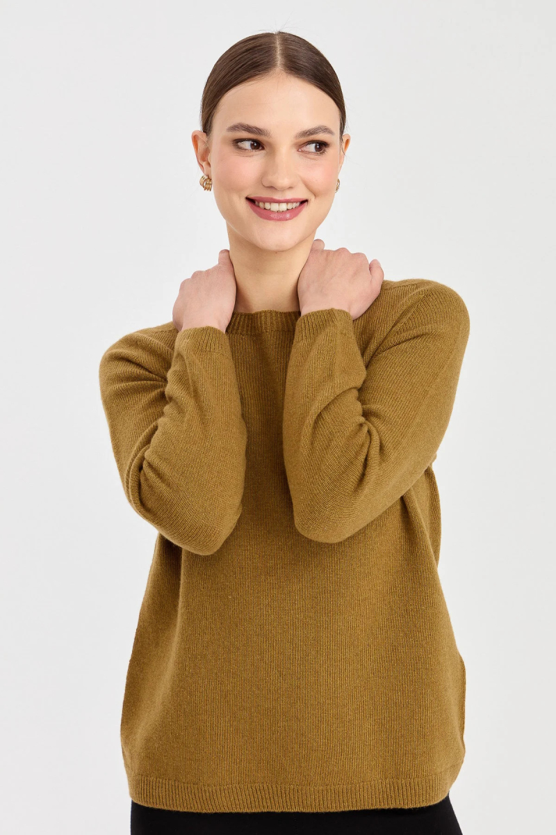 Desen Triko Kadın Sıfır Yaka Klasik Yün Kazak 23163 Haki Haki