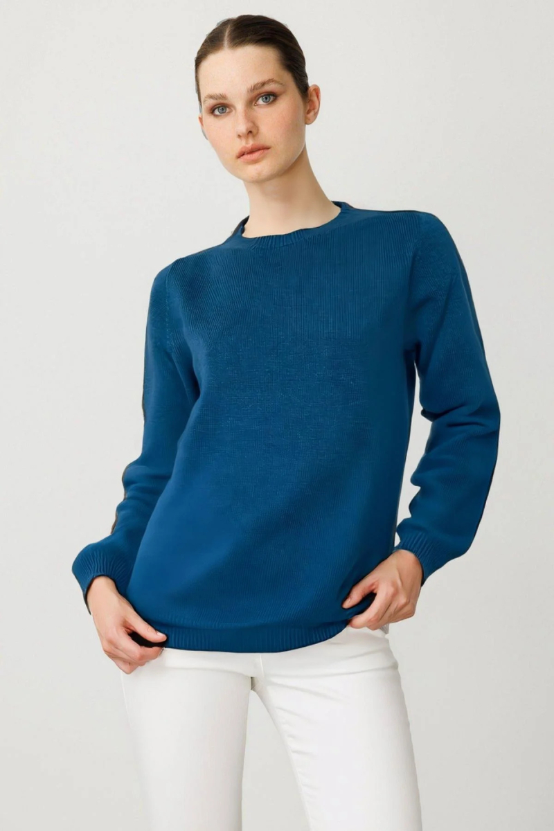 Desen Triko Kadın Sıfır Yaka Klasik Yün Kazak 23163 K.Petrol K.PETROL