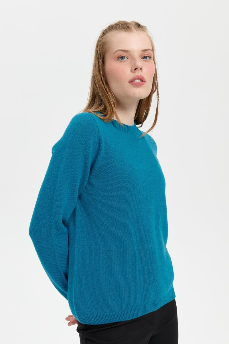 Desen Triko Kadın Sıfır Yaka Klasik Yün Kazak 23163 Petrol Petrol