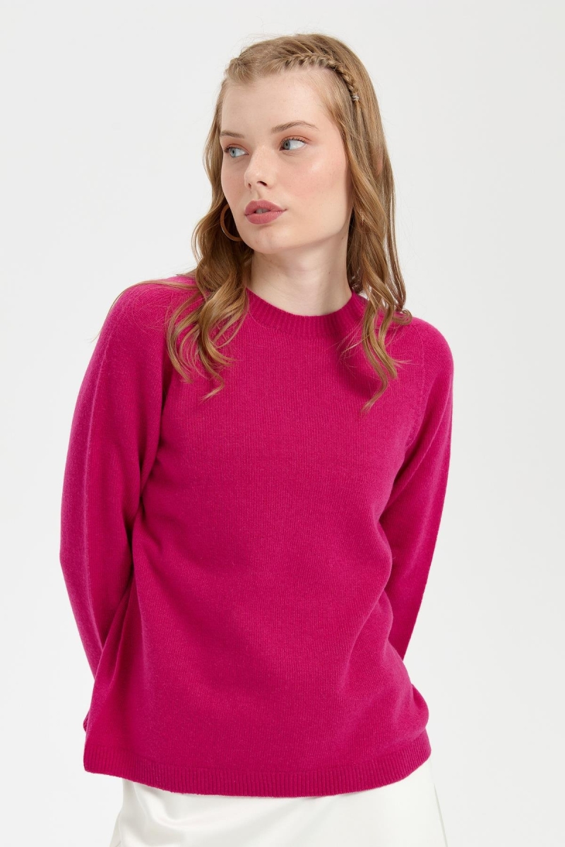 Desen Triko Kadın Sıfır Yaka Klasik Yün Kazak 23163 Sıklamen SIKLAMEN