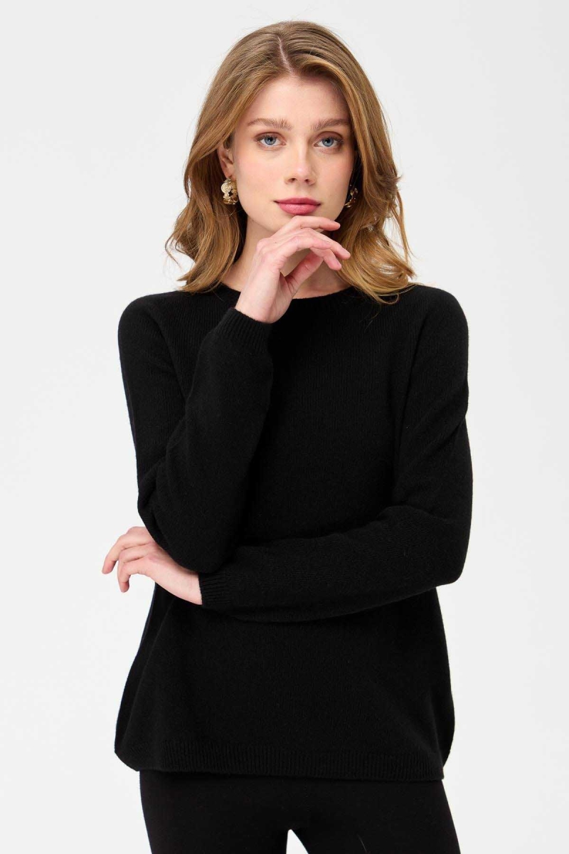 Desen Triko Kadın Sıfır Yaka Klasik Yün Kazak 23163 Siyah Siyah