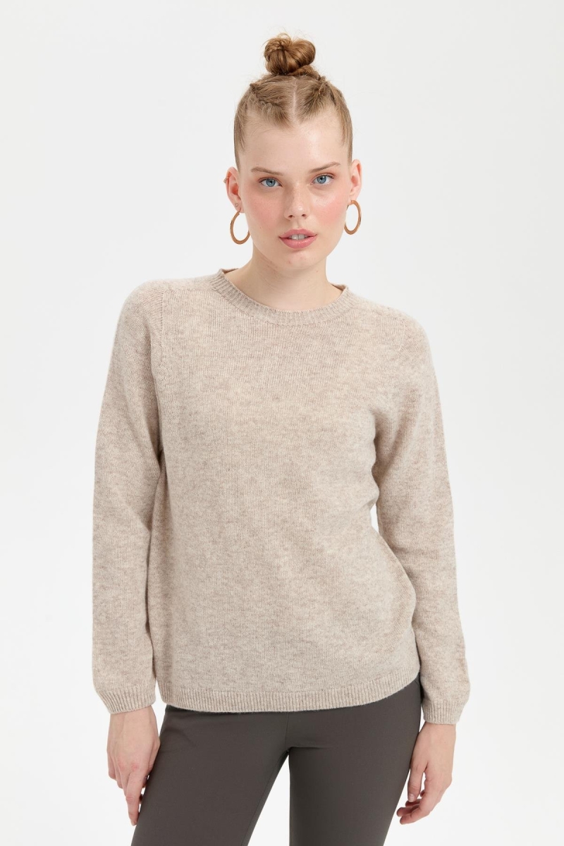 Desen Triko Kadın Sıfır Yaka Klasik Yün Kazak 23163 V.Bej V.BEJ