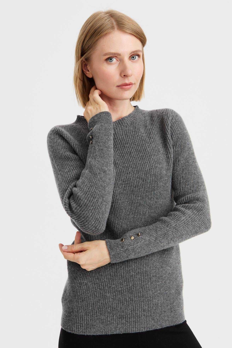 Desen Triko Kadın Sıfır Yaka Kol Ucu Düğmeli Yün Kazak 23158 Füme Füme