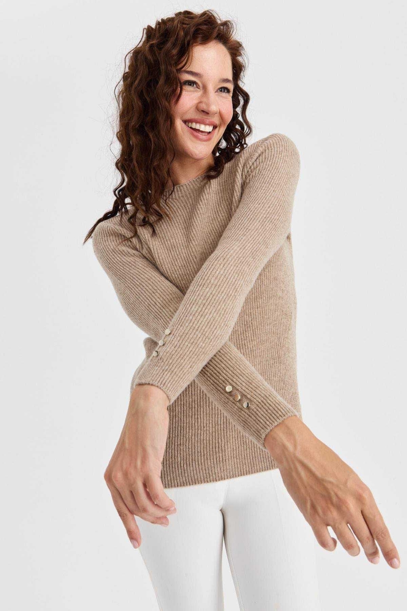 Desen Triko Kadın Sıfır Yaka Kol Ucu Düğmeli Yün Kazak 23158 K. Bej K. Bej