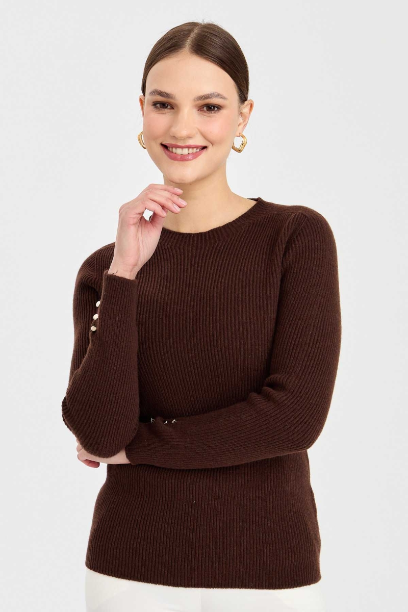 Desen Triko Kadın Sıfır Yaka Kol Ucu Düğmeli Yün Kazak 23158 M.Kahve M.KAHVE