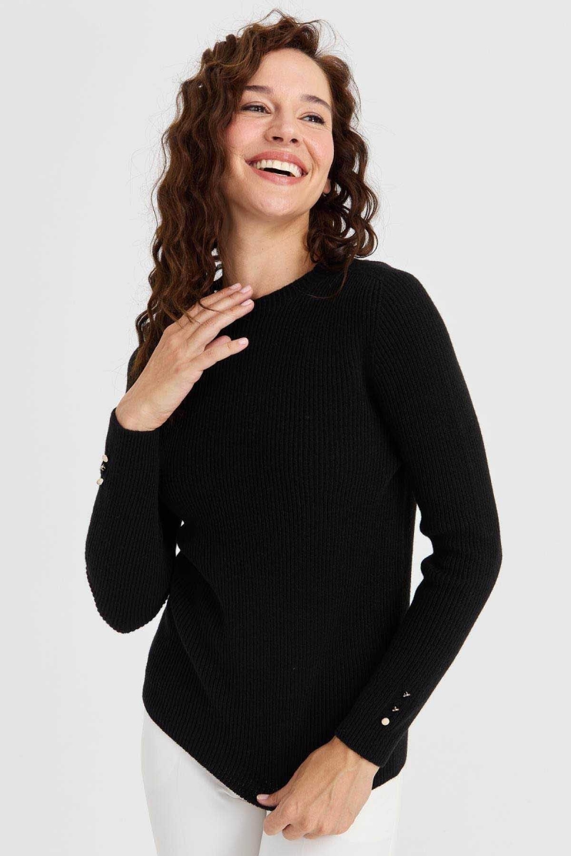 Desen Triko Kadın Sıfır Yaka Kol Ucu Düğmeli Yün Kazak 23158 Siyah Siyah