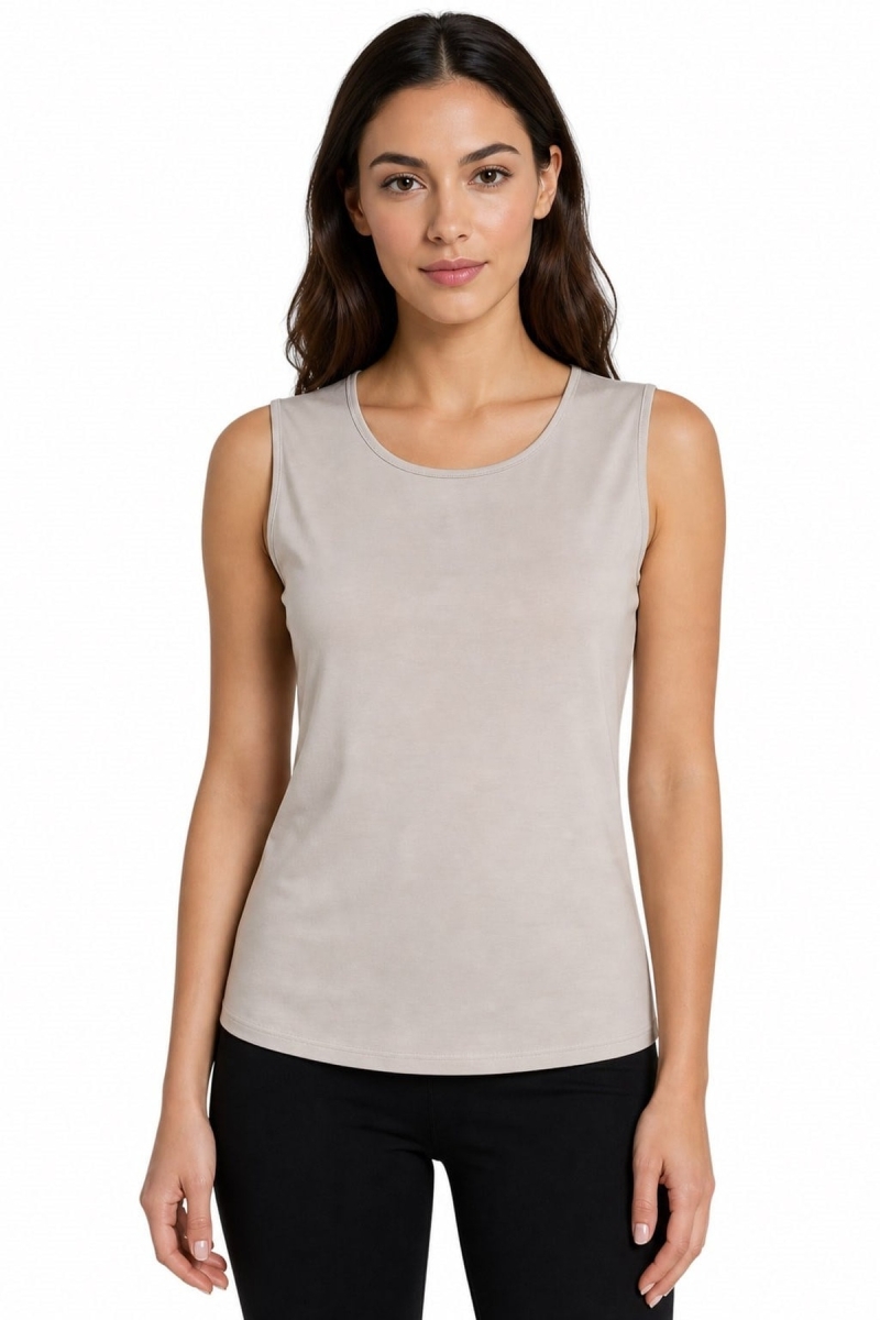 Desen Triko Kadın Sıfır Yaka Kolsuz Penye T-Shirt 26843 Bej Bej