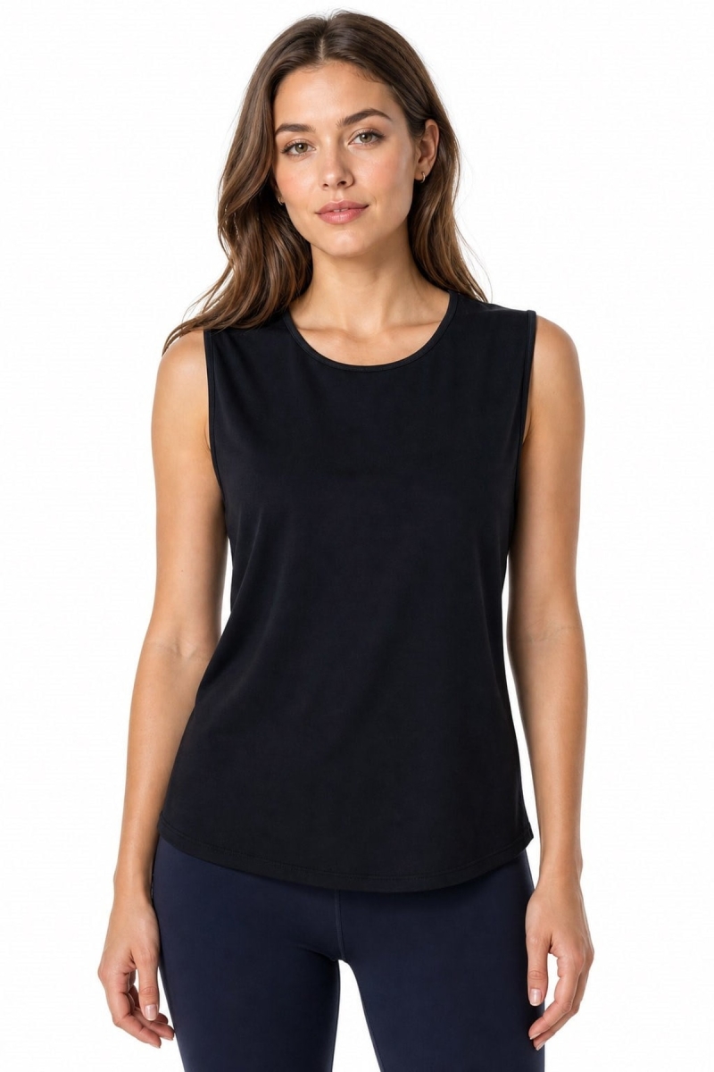 Desen Triko Kadın Sıfır Yaka Kolsuz Penye T-Shirt 26843 Siyah Siyah