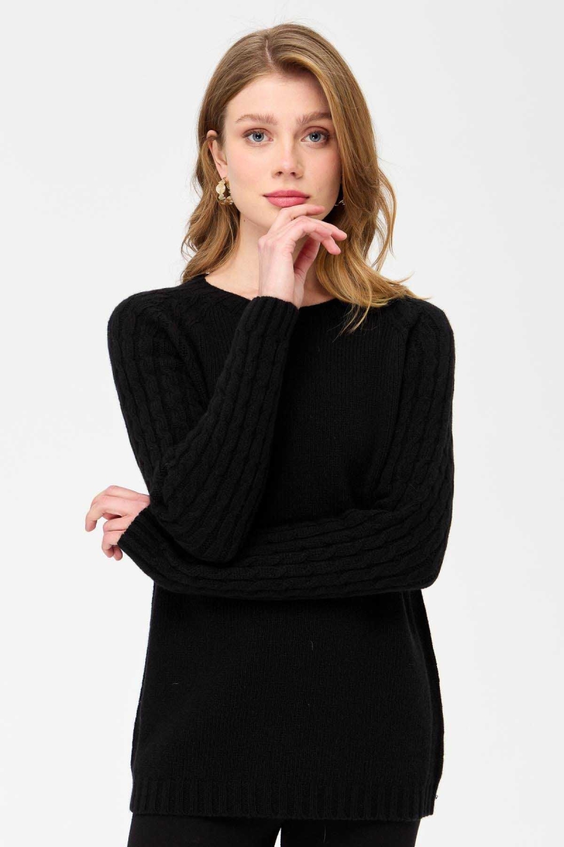 Desen Triko Kadın Sıfır Yaka Kolu Saç Örgü Yün Kazak 23201 Siyah Siyah