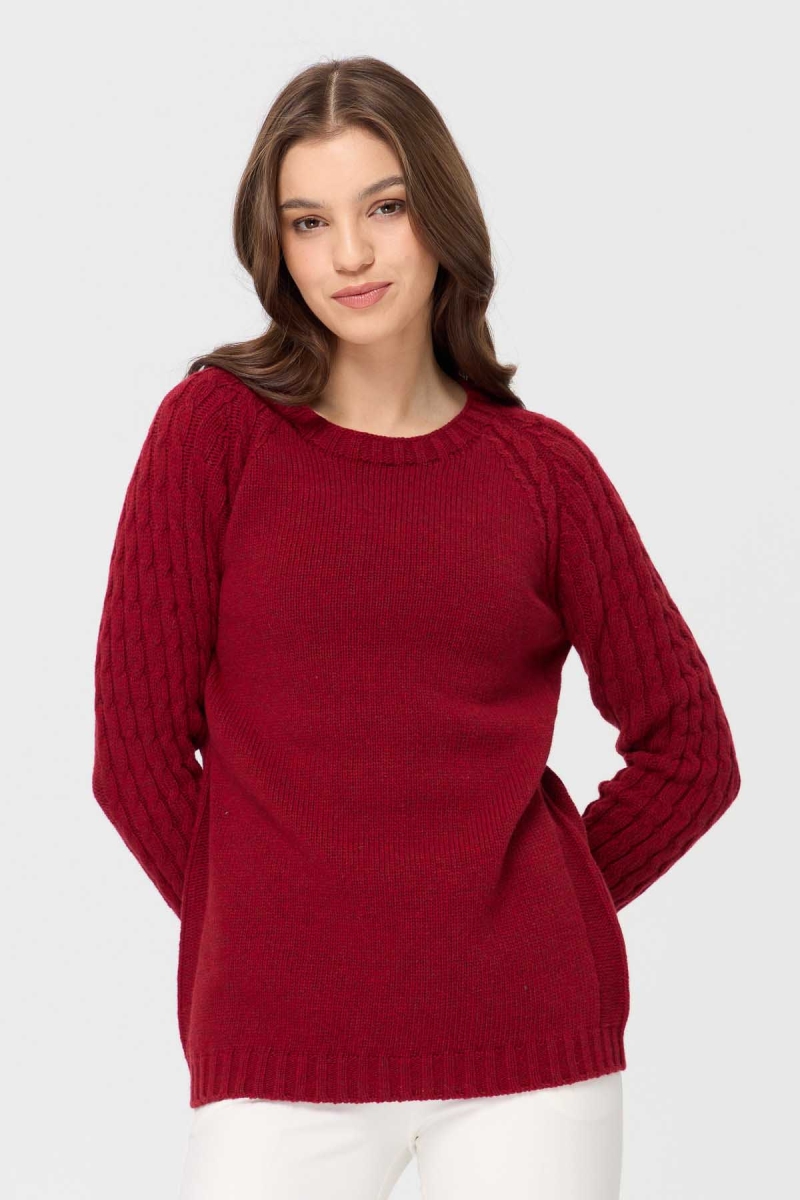 Desen Triko Kadın Sıfır Yaka Kolu Saç Örgü Yün Kazak 23201 V.Kırmızı V.KIRMIZI