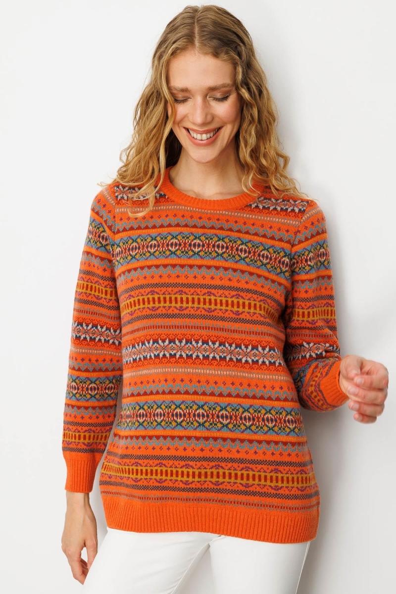 Desen Triko Kadın Sıfır Yaka Komple Jakarlı Yün Kazak 25100 Portakal Portakal