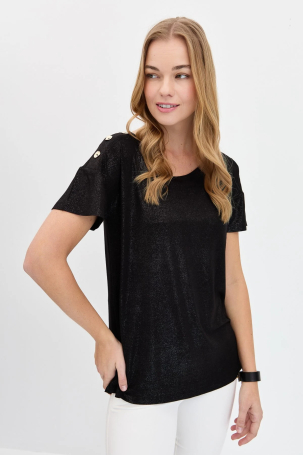 Desen Triko Kadın Sıfır Yaka Omuzları Düğmeli T-Shirt KMY24028 Siyah Siyah