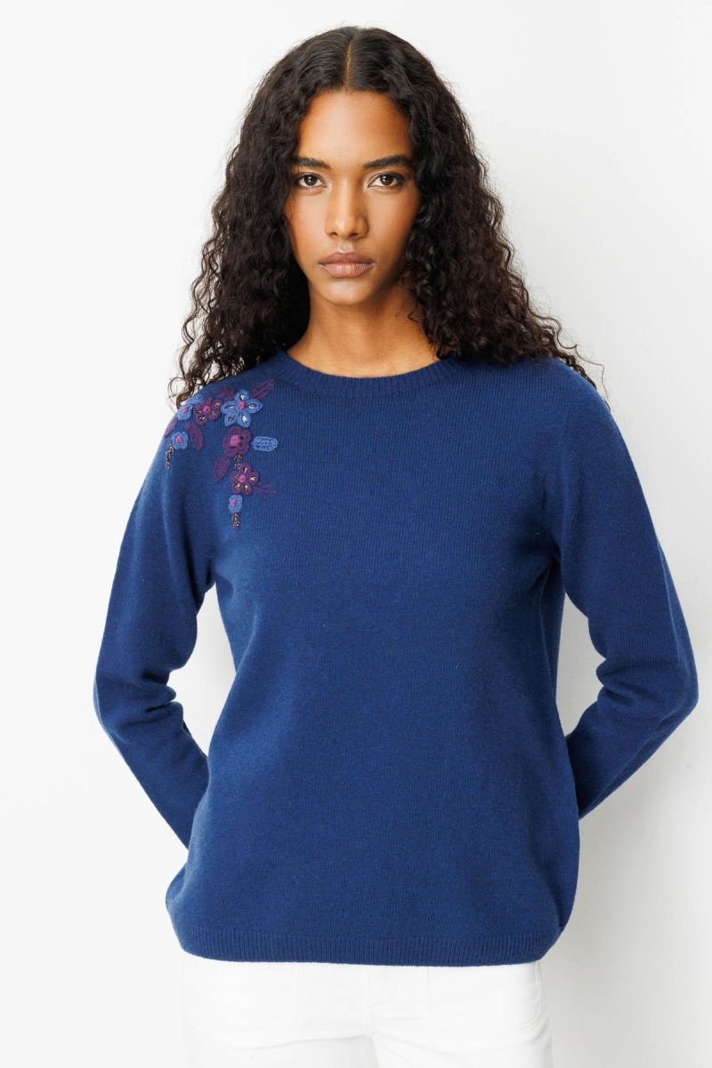Desen Triko Kadın Sıfır Yaka Omzu İşlemeli Yün Kazak 25204 Indigo Indigo