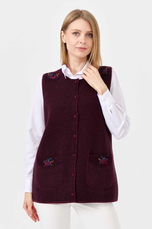 Desen Triko Kadın Sıfır Yaka Omzu ve Cep Kapağı Keçeli İşlemeli Düğmeli Yelek 0242113 Mürdüm MÜRDÜM