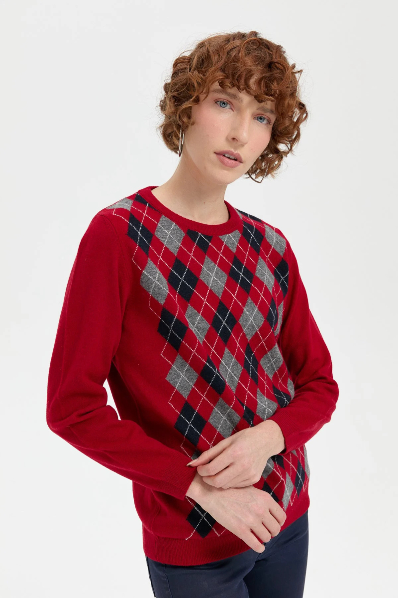 Desen Triko Kadın Sıfır Yaka Önü Baklava Desenli Yün Kazak 24035 K.Kırmızı K.KIRMIZI