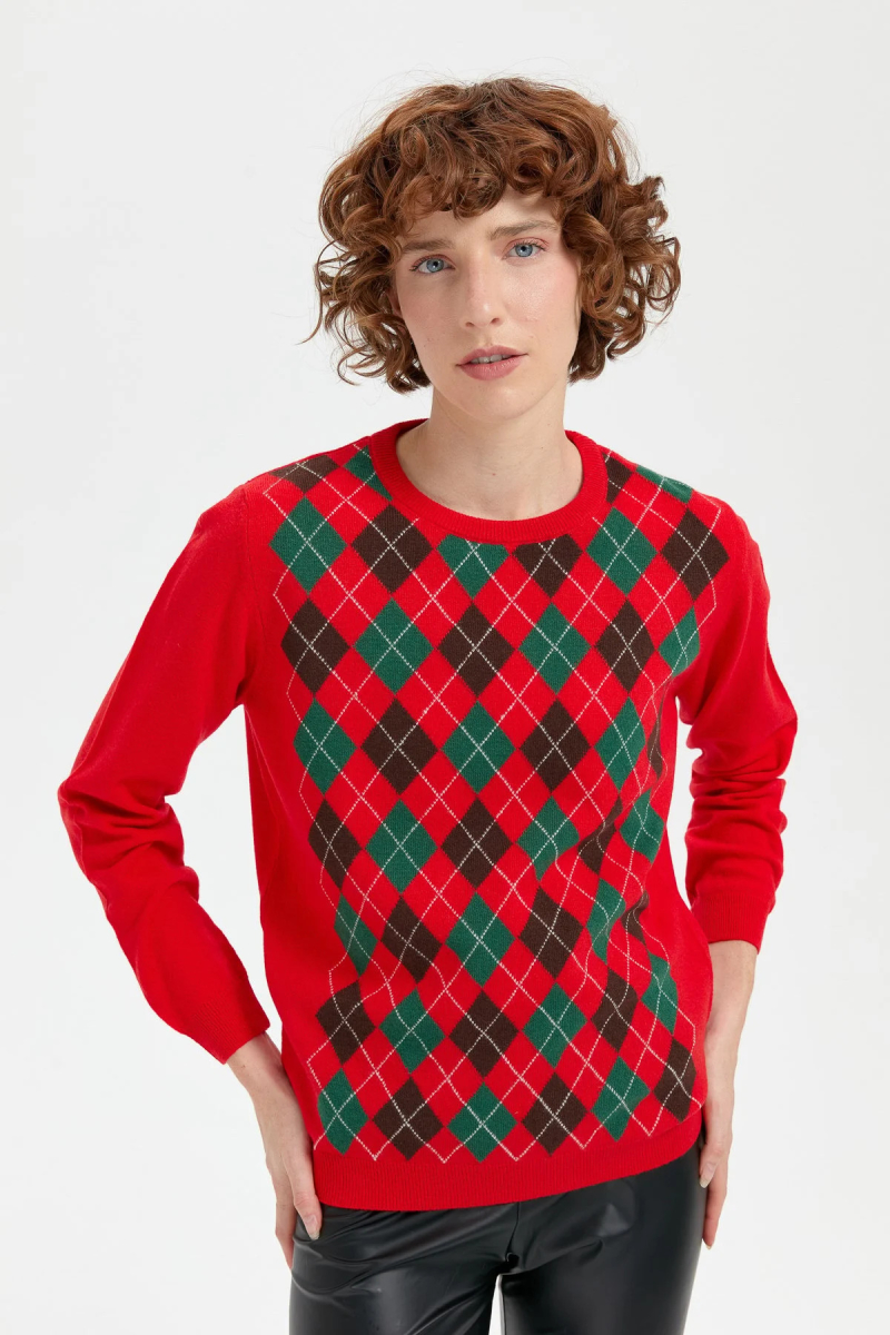 Desen Triko Kadın Sıfır Yaka Önü Baklava Desenli Yün Kazak 24035 Mercan Mercan