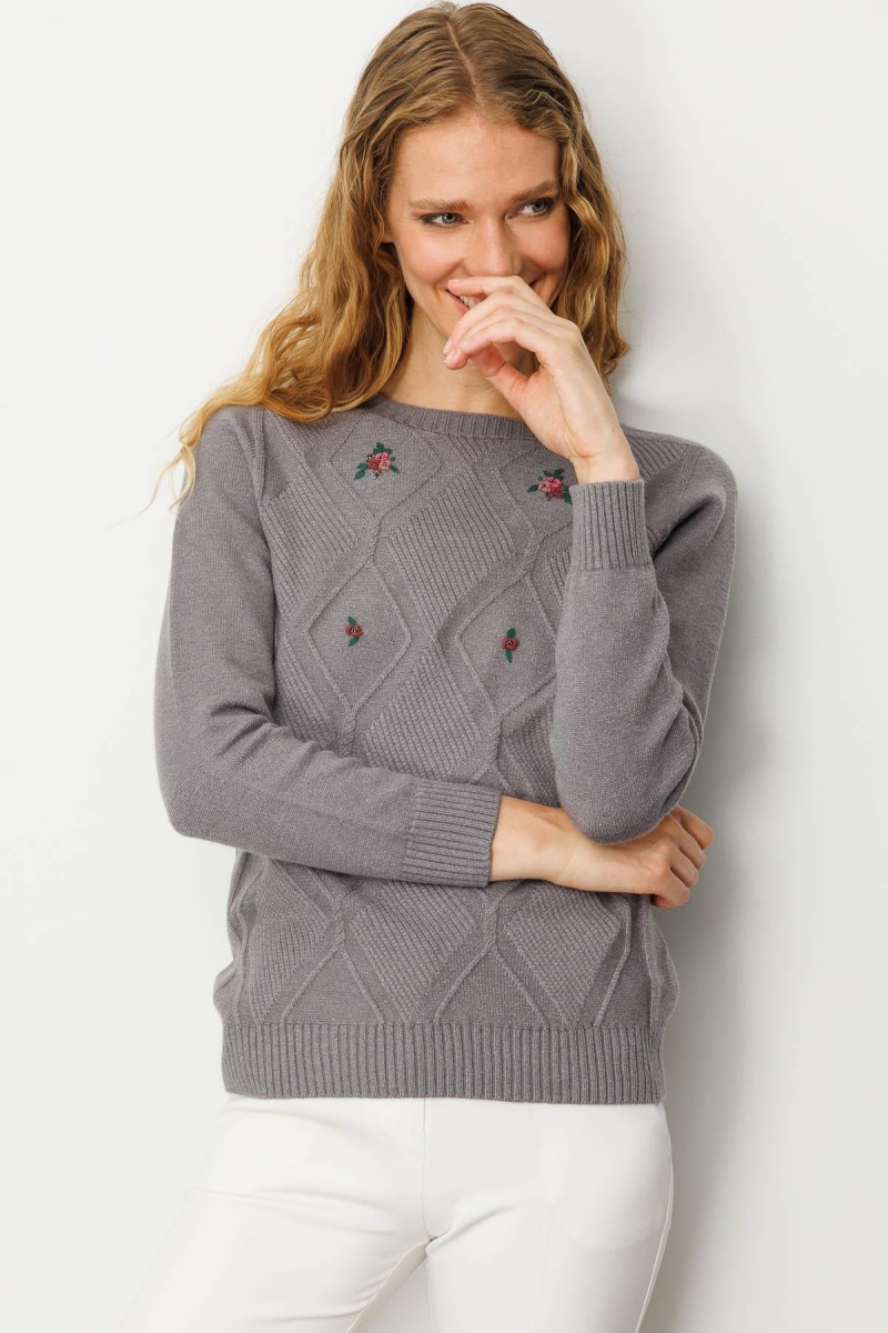 Desen Triko Kadın Sıfır Yaka Önü Baklavalı Nakış İşlemeli Kazak 25208 Füme Füme