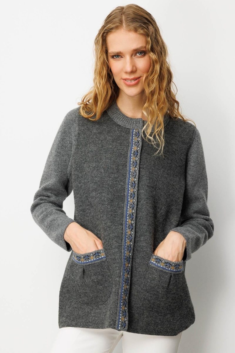 Desen Triko Kadın Sıfır Yaka Önü Keçe Kısa Yün Ceket 25018 Füme Füme