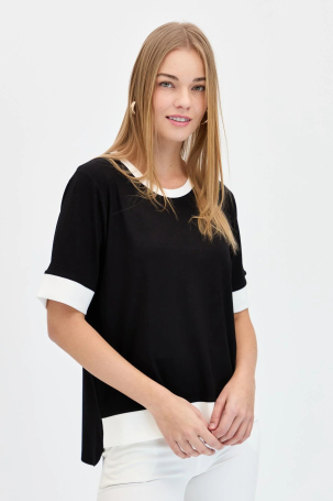 Desen Triko Kadın Sıfır Yaka Önü Kısa Penye T-Shirt 23771 Siyah Siyah