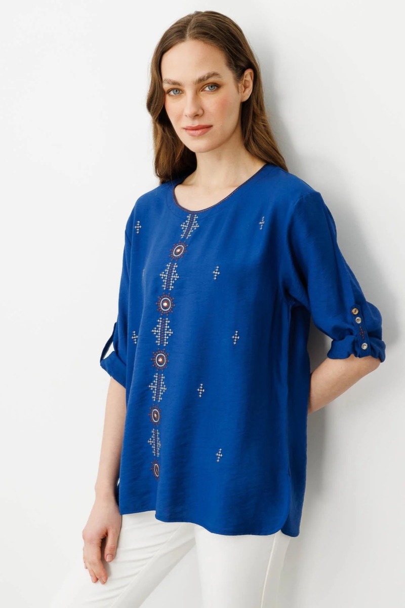Desen Triko Kadın Sıfır Yaka Önü Nakışlı Bluz 25773 Indigo Indigo