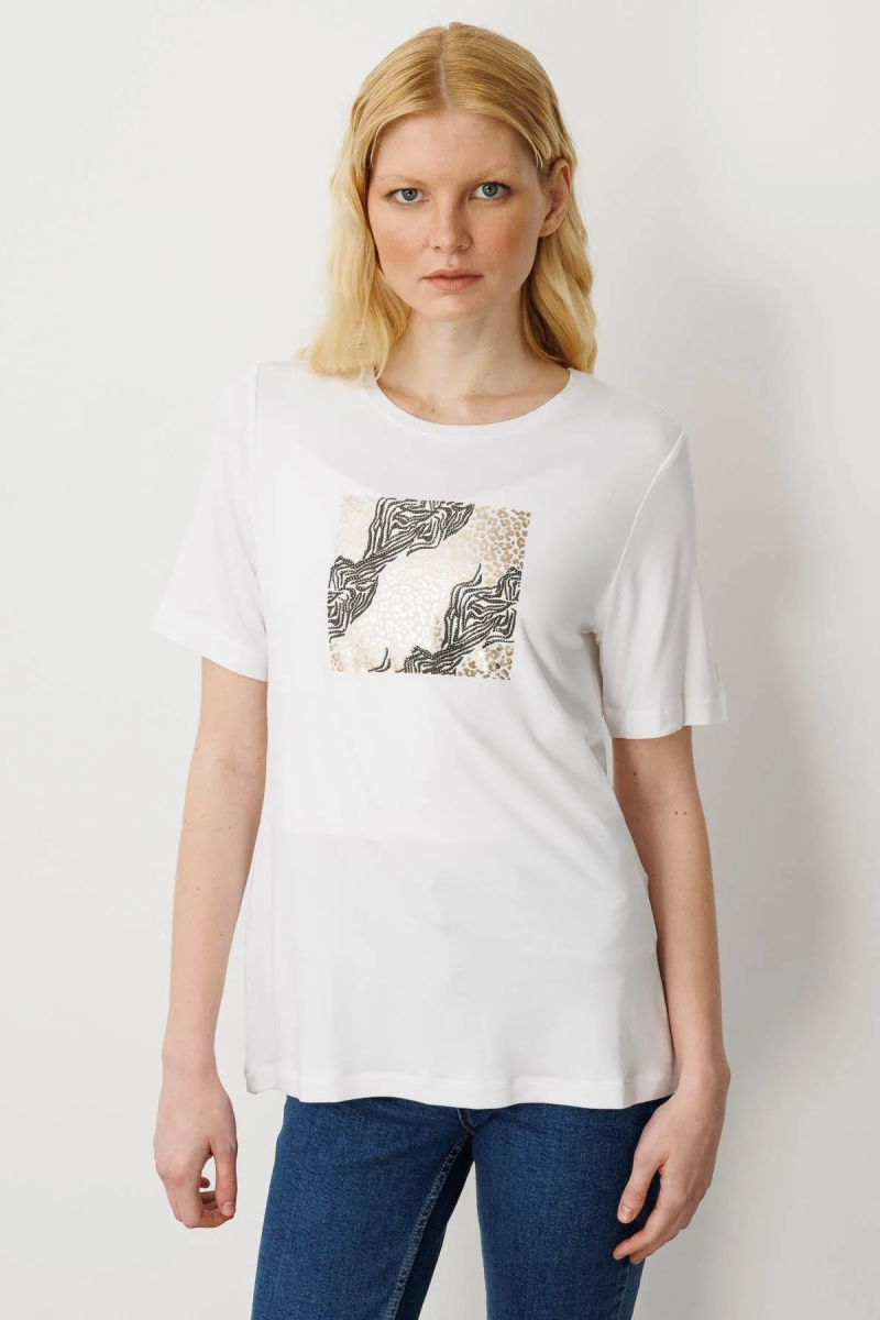 Desen Triko Kadın Sıfır Yaka Önü Taş Baskılı Penye T-Shirt 25834 Ekru Ekru