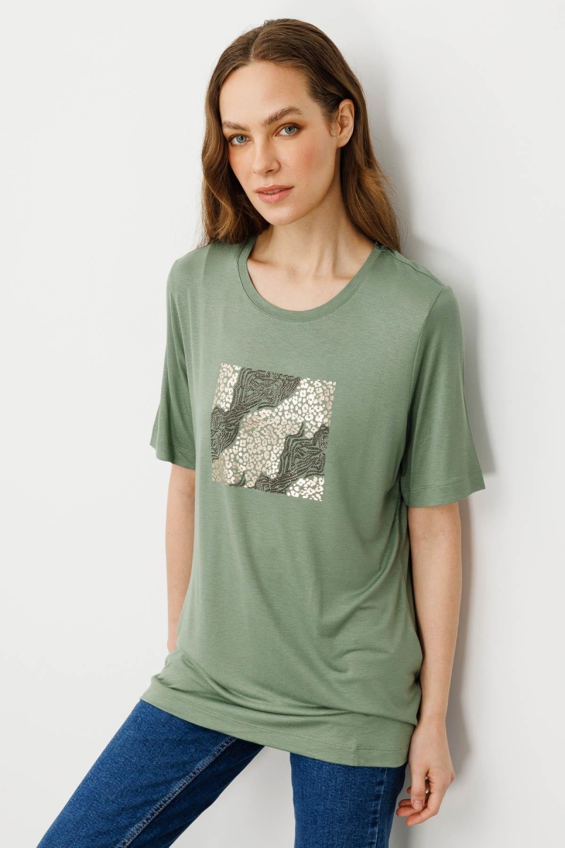 Desen Triko Kadın Sıfır Yaka Önü Taş Baskılı Penye T-Shirt 25834 Haki Haki