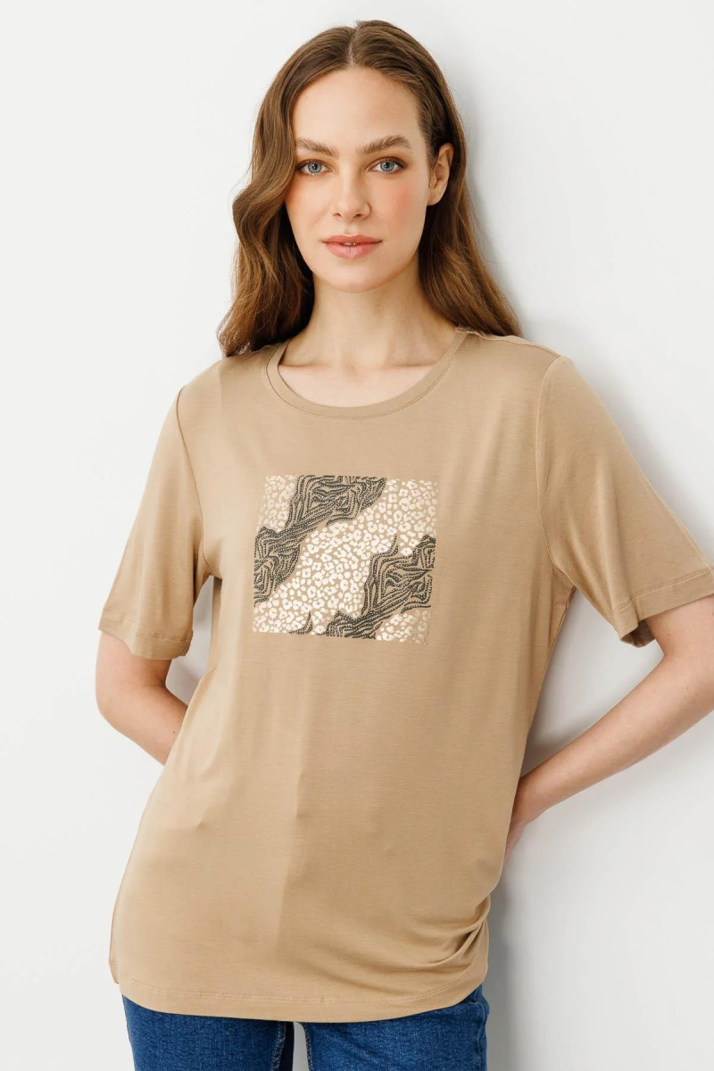 Desen Triko Kadın Sıfır Yaka Önü Taş Baskılı Penye T-Shirt 25834 Vizon Vizon