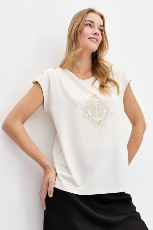 Desen Triko Kadın Sıfır Yaka Önü Taşlı Çapalı T-Shirt KMY24024 Ekru Ekru