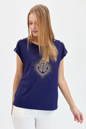 Desen Triko Kadın Sıfır Yaka Önü Taşlı Çapalı T-Shirt KMY24024 Lacivert Lacivert