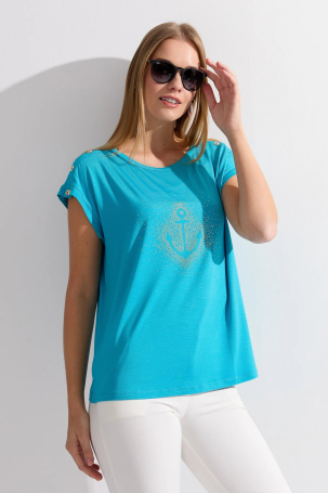 Desen Triko Kadın Sıfır Yaka Önü Taşlı Çapalı T-Shirt KMY24024 Mavi Mavi