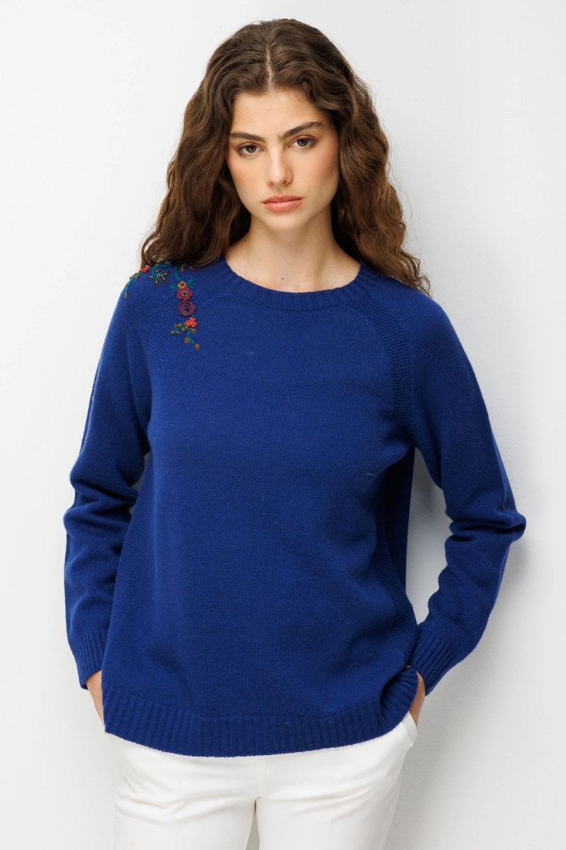 Desen Triko Kadın Sıfır Yaka Reglan Kol Nakışlı Yün Kazak Indigo Indigo