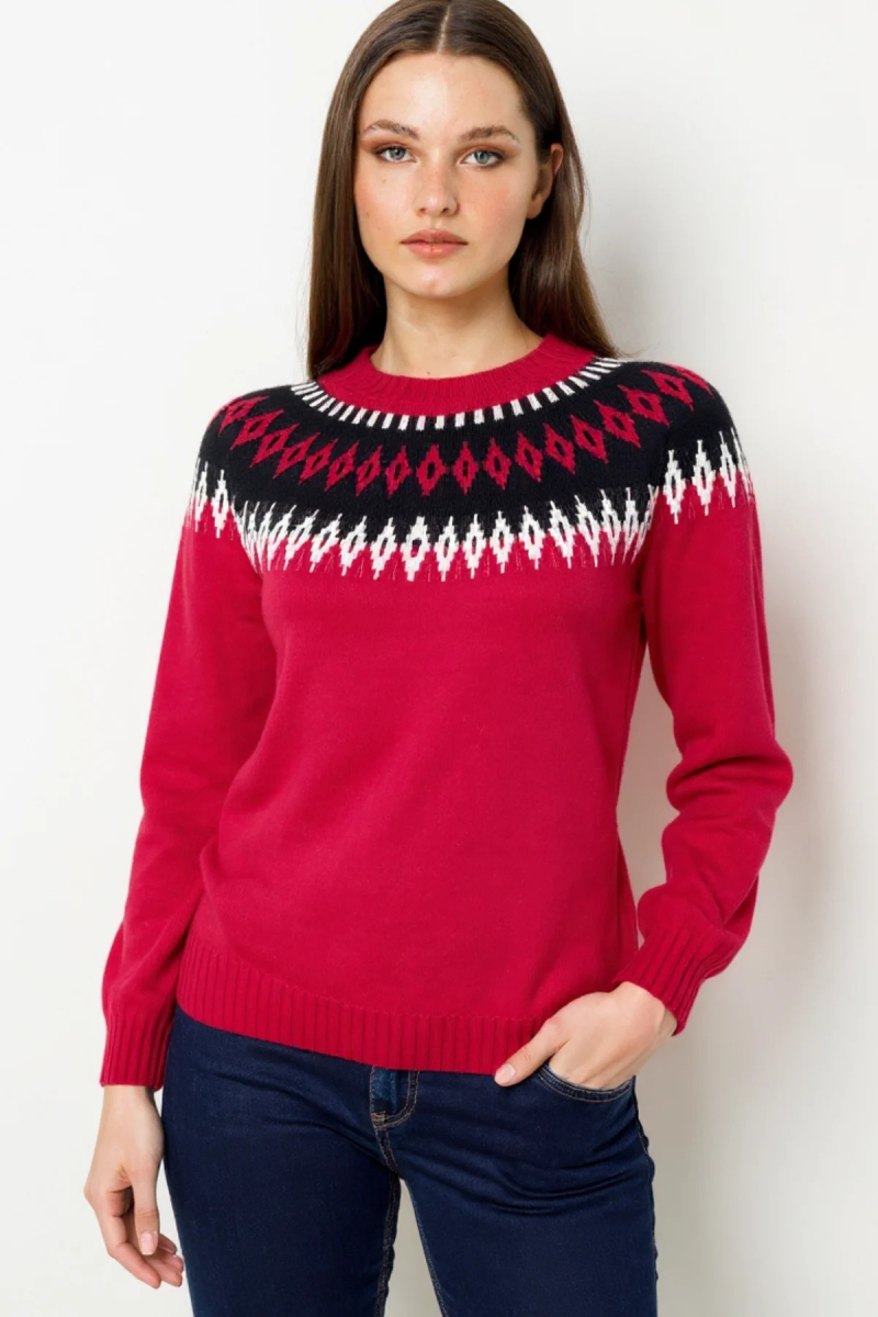 Desen Triko Kadın Sıfır Yaka Robası Baklavalı Yün Kazak 25218 K.Kırmızı K.KIRMIZI