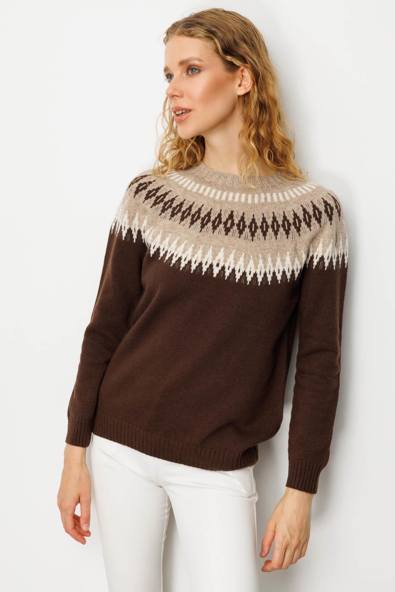 Desen Triko Kadın Sıfır Yaka Robası Baklavalı Yün Kazak 25218 M.Kahve M.KAHVE