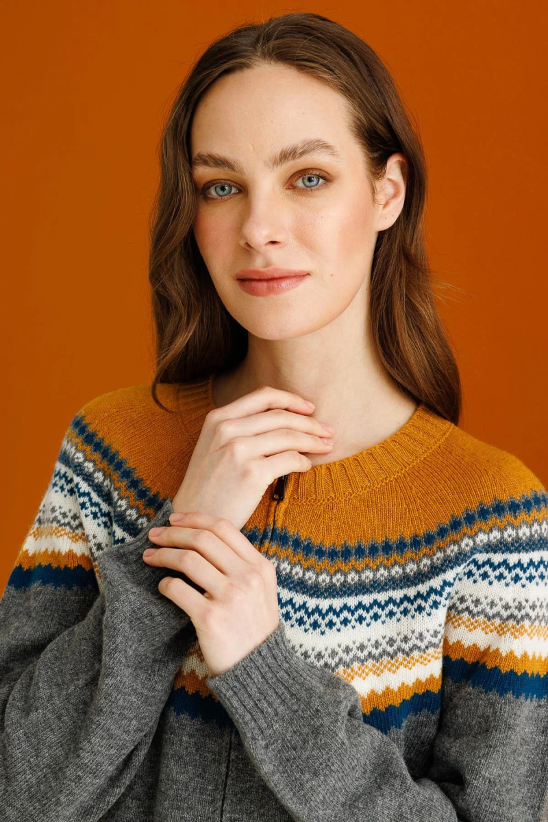 Desen Triko Kadın Sıfır Yaka Robası Jakarlı Yün Hırka 23088 Füme Füme