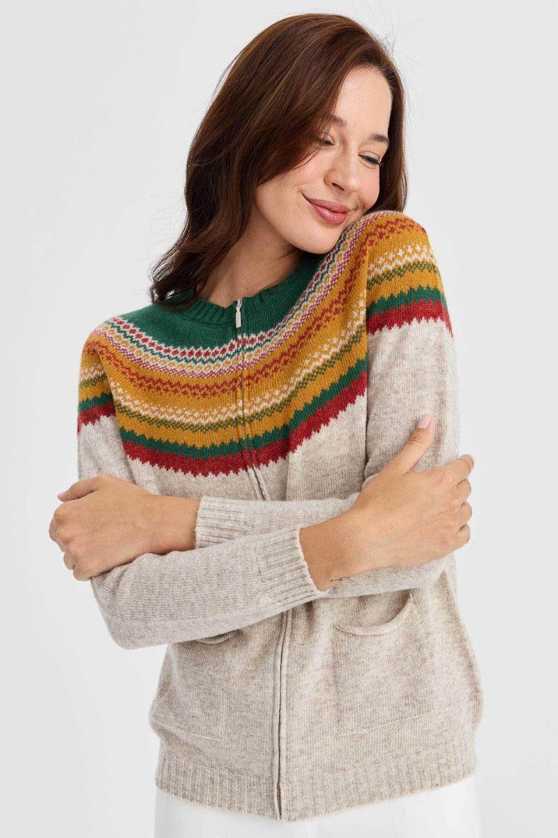 Desen Triko Kadın Sıfır Yaka Robası Jakarlı Yün Hırka 23088 V. Bej V. BEJ