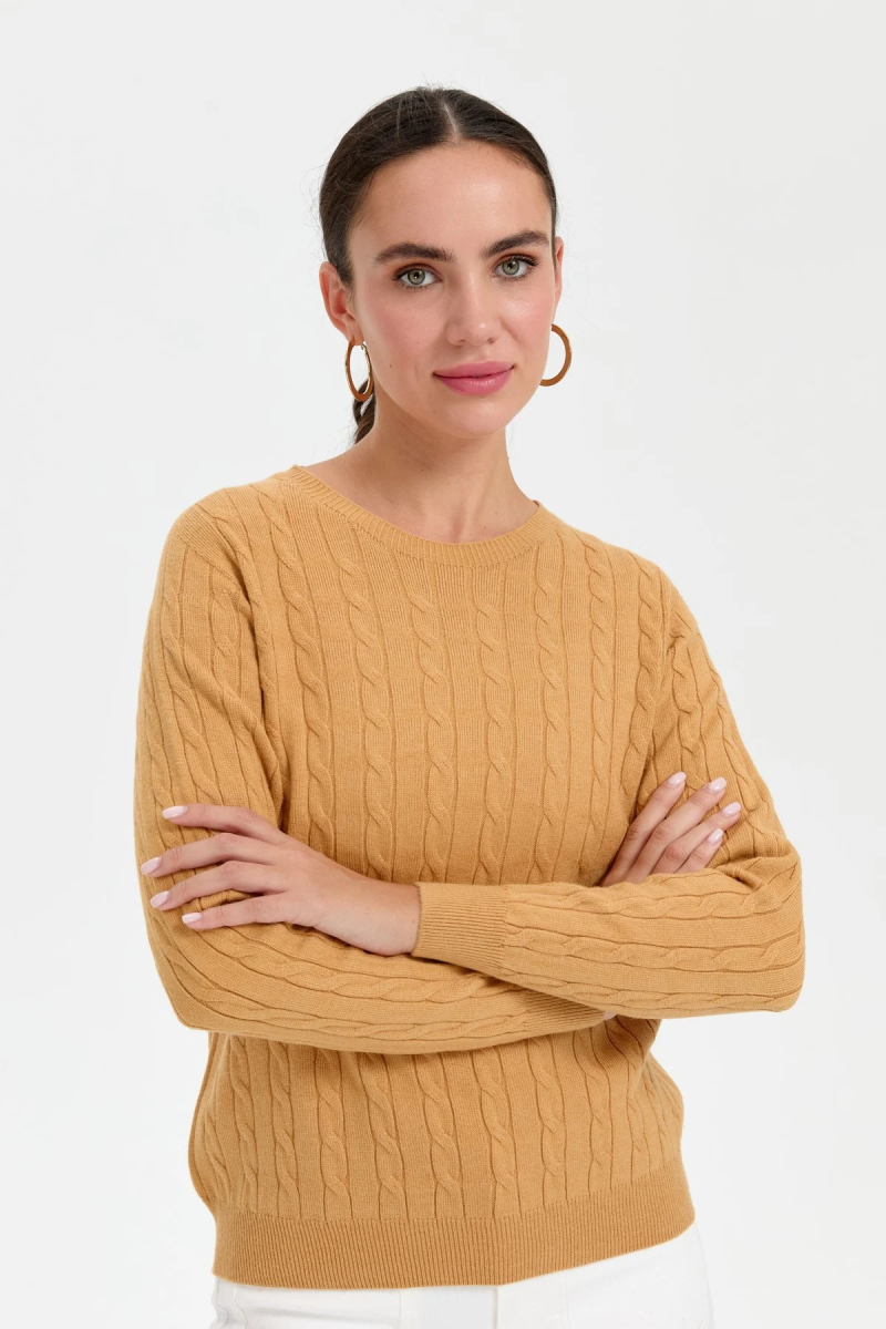 Desen Triko Kadın Sıfır Yaka Saç Örgülü Kazak 3329 Camel Camel