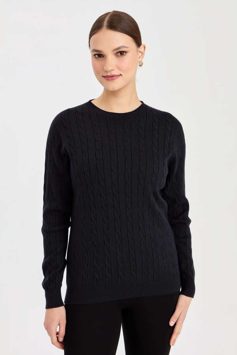 Desen Triko Kadın Sıfır Yaka Saç Örgülü Kazak 3329 Lacivert Lacivert