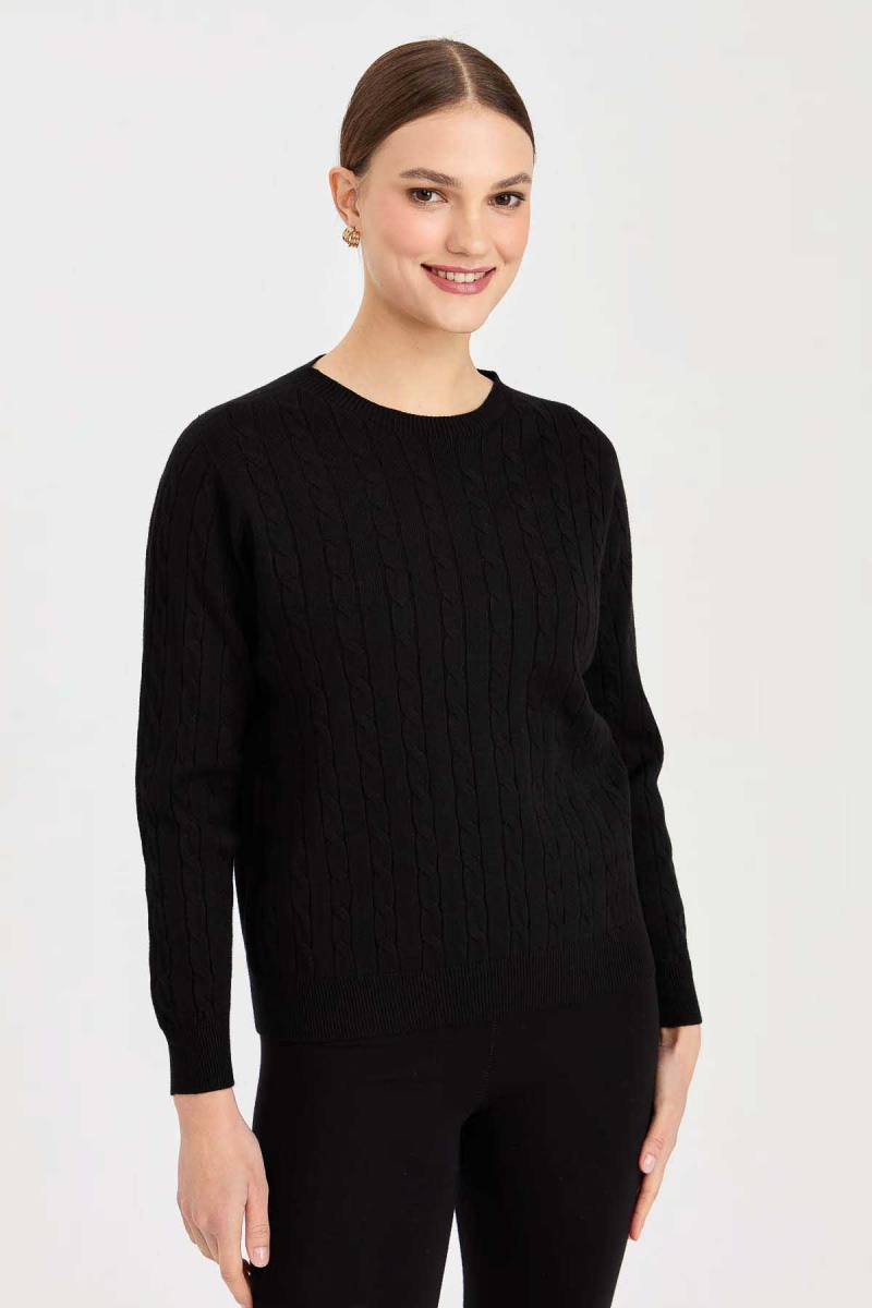 Desen Triko Kadın Sıfır Yaka Saç Örgülü Kazak 3329 Siyah Siyah