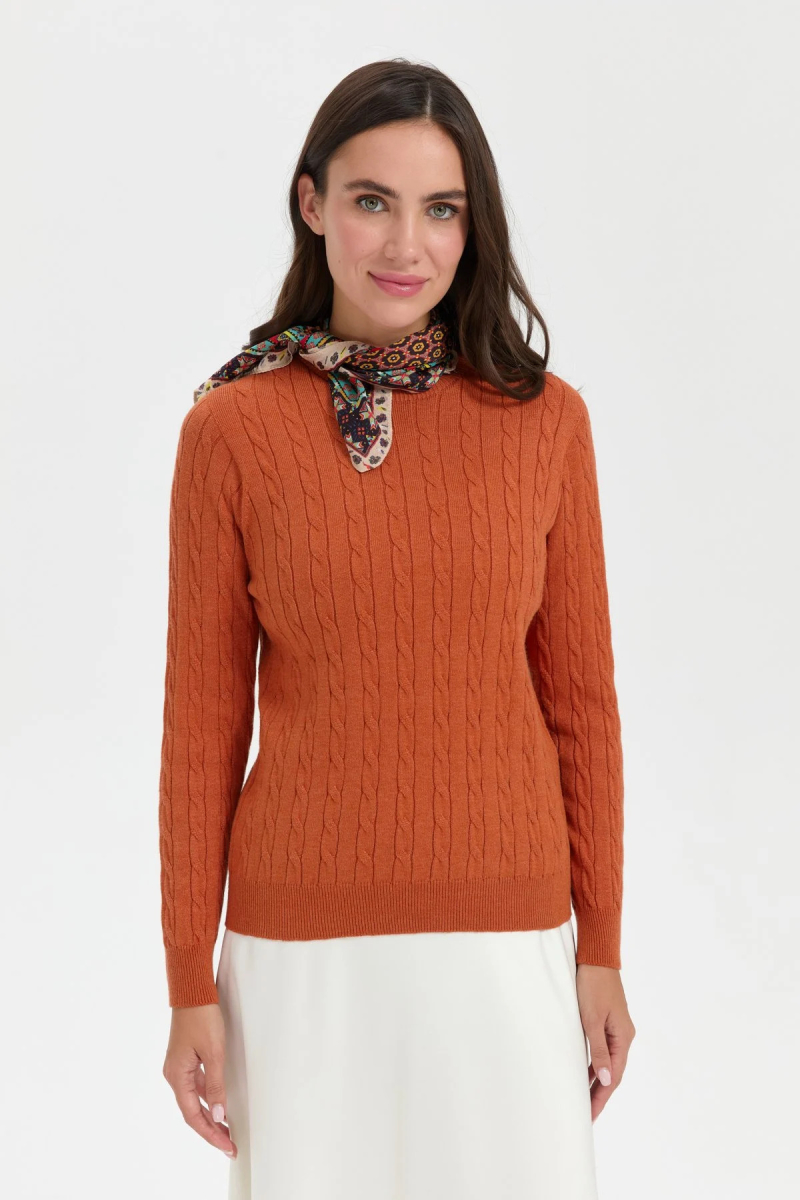 Desen Triko Kadın Sıfır Yaka Saç Örgülü Kazak 3329 Turuncu Turuncu