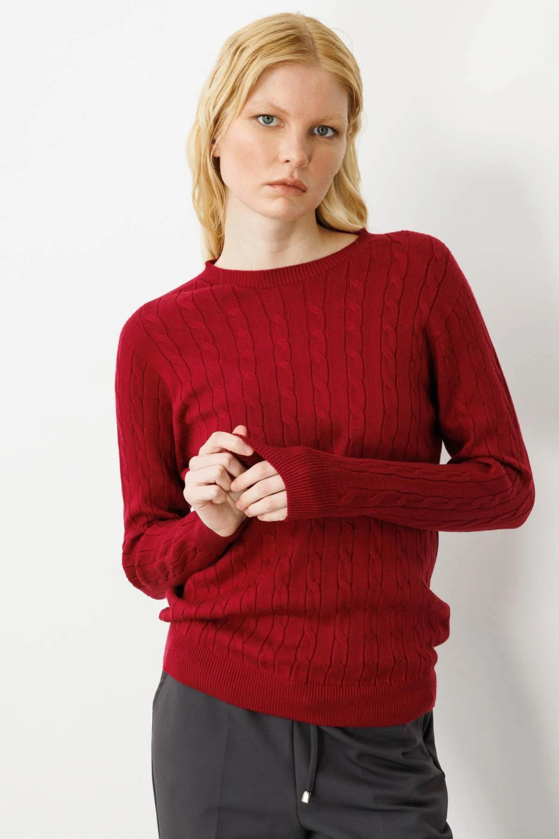 Desen Triko Kadın Sıfır Yaka Saç Örgülü Kazak 3329 Vişne Çürüğü VİŞNE ÇÜRÜĞÜ